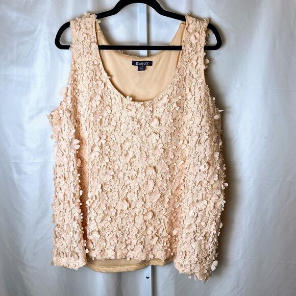 Roaman’s Women’s 24W Blush Pink Lace Tank Top Floral Appliqué Romantic Coquette - Picture 1 of 8